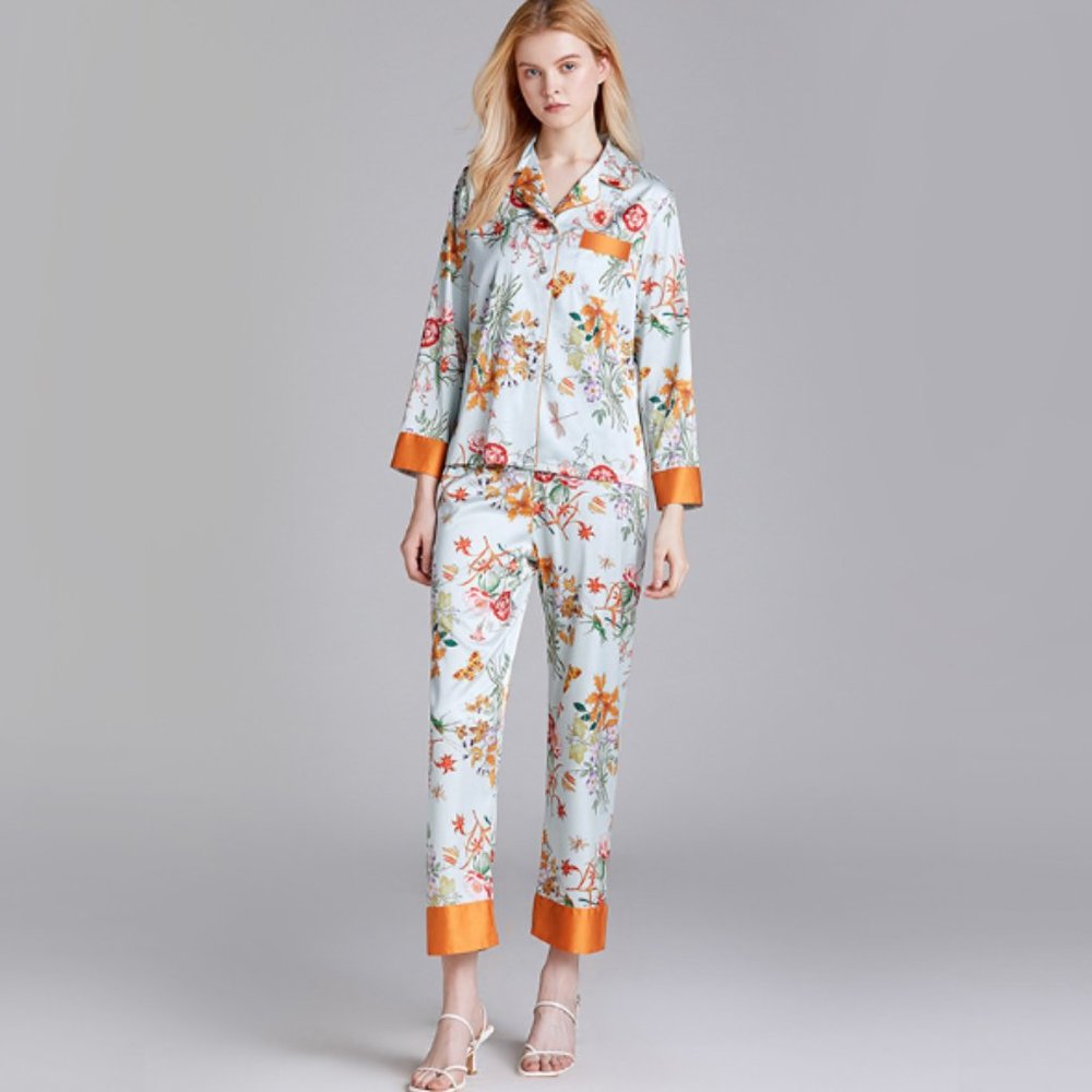 Women Satin Silky Floral Pajamas Set